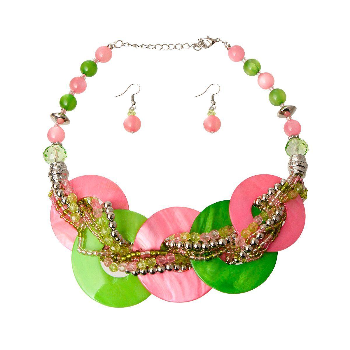 Shop Now: Women's Pink/Green Annulus Bead Necklace Set - New Arrival!
