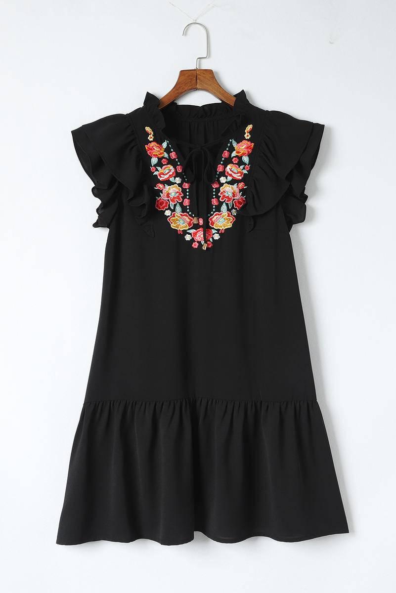 Shop Our Floral Embroidered Ruffle Sleeve Black Mini Dress for a Chic and Feminine Look!