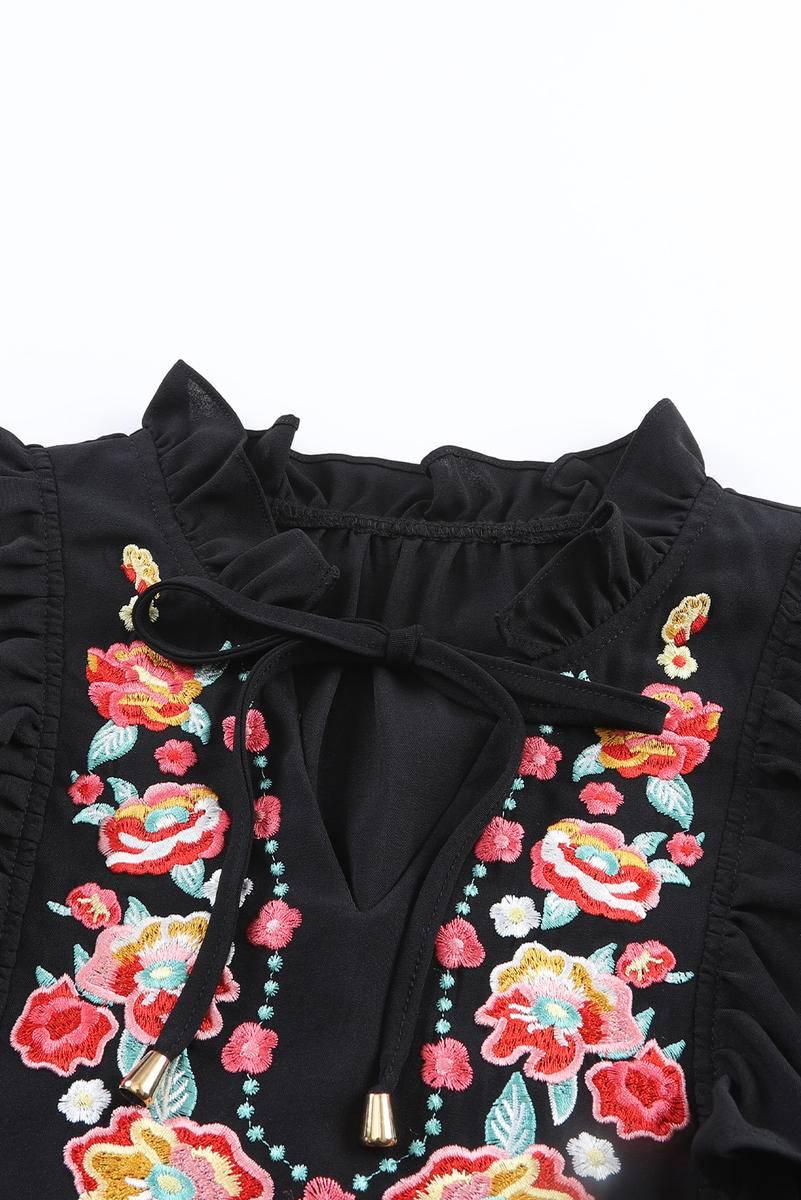 Shop Our Floral Embroidered Ruffle Sleeve Black Mini Dress for a Chic and Feminine Look!
