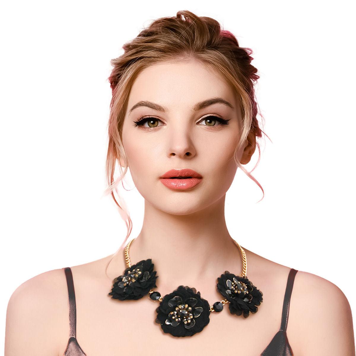 Shop Stylish Black Fabric Floral Necklace, Stud Set - Upgrade Your Style Now!