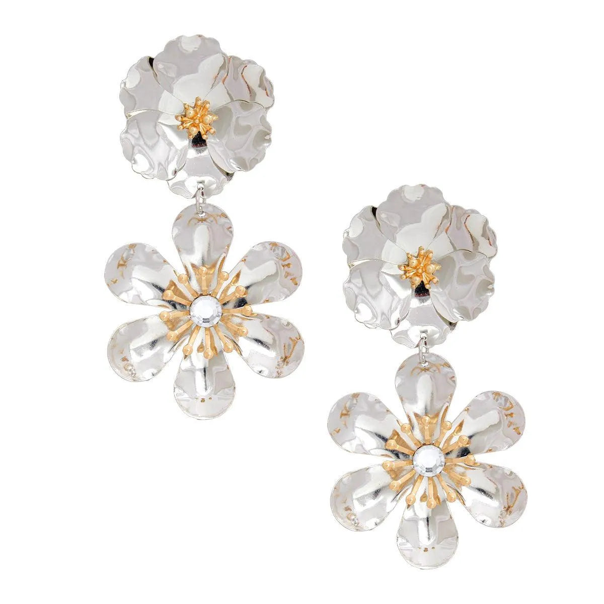 Silver Petal Dimensional Flower Earrings