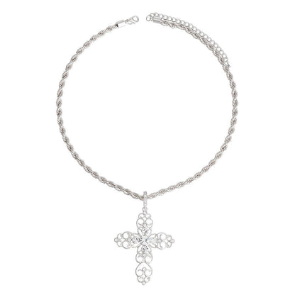 Silver Plated Filigree Cross Necklace Clear Rhinestones