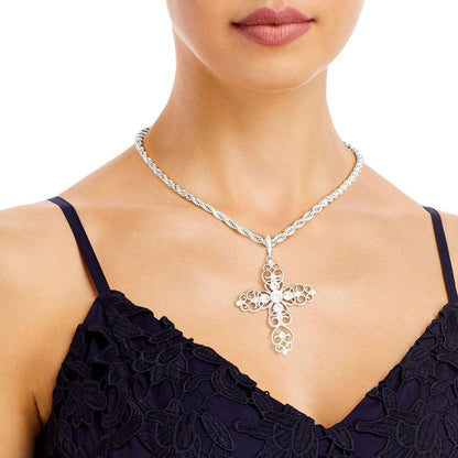 Silver Plated Filigree Cross Necklace Clear Rhinestones