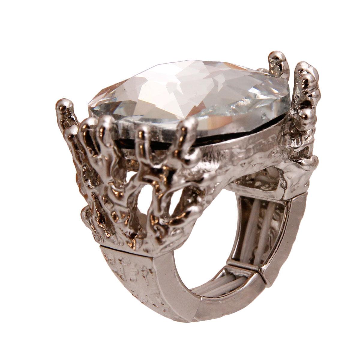 Silver Tone Branch Luxury Clear Acrylic Crystal Cocktail Ring