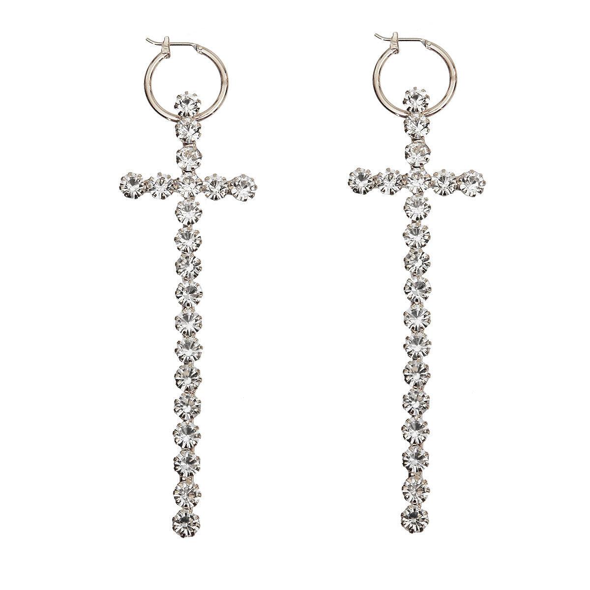 Silver-tone Embellished Rhinestone Cross Drop Earrings