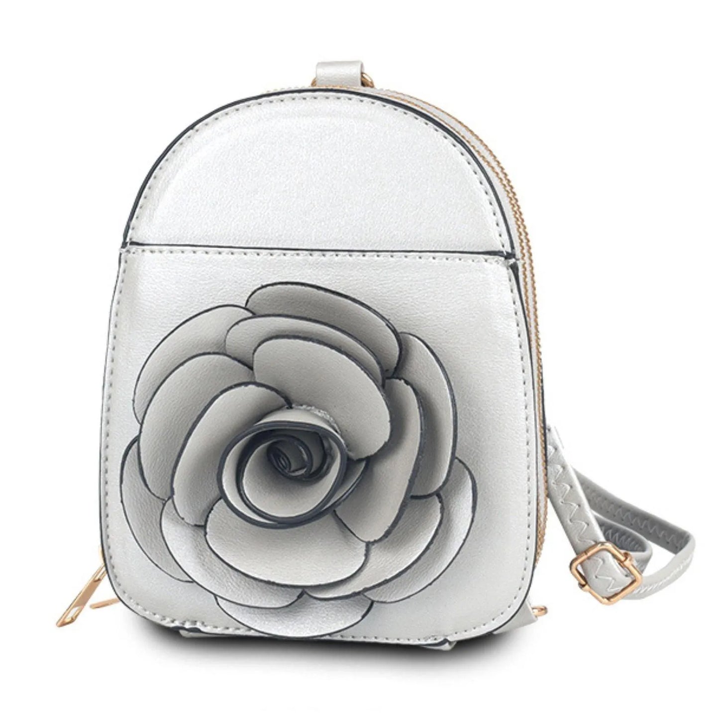 Silver Vegan Leather Floral Mini Backpack: Stylish & Secure