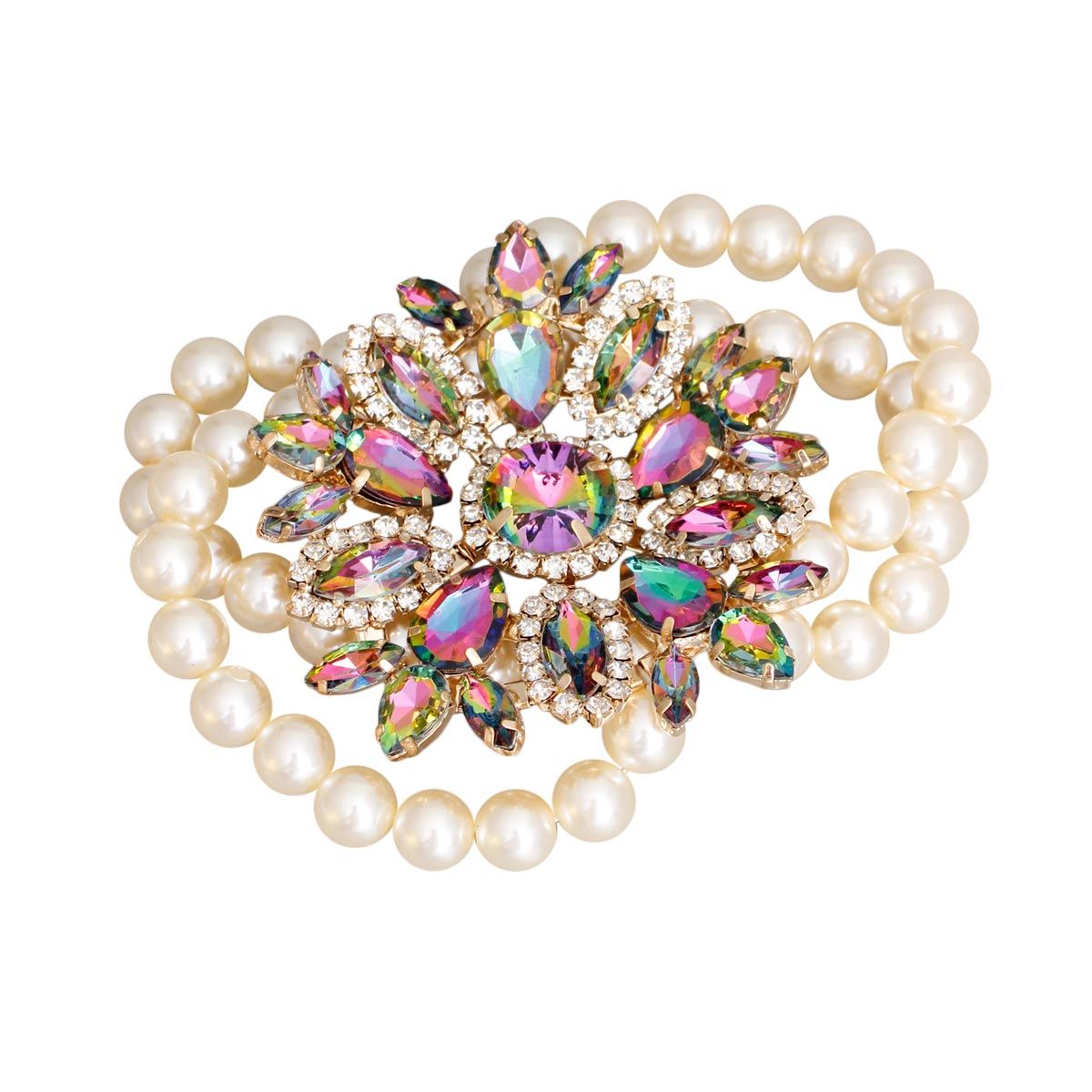 Four Strand Cream Faux Pearl Bracelet with Acrylic Crystal Sunburst Stretch