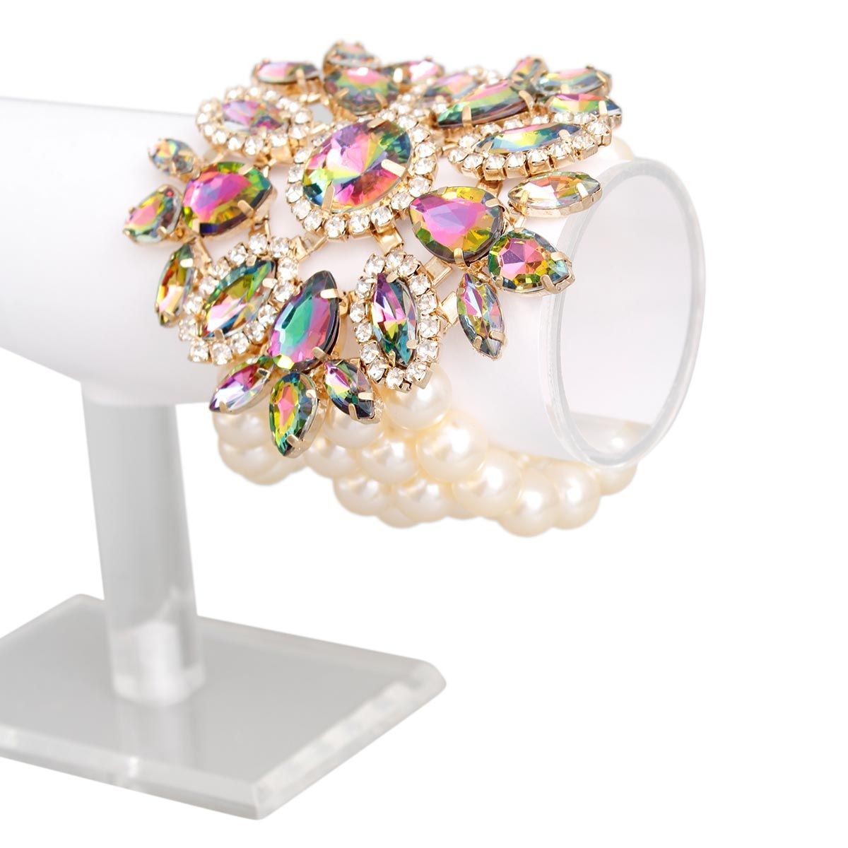 Four Strand Cream Faux Pearl Bracelet with Acrylic Crystal Sunburst Stretch