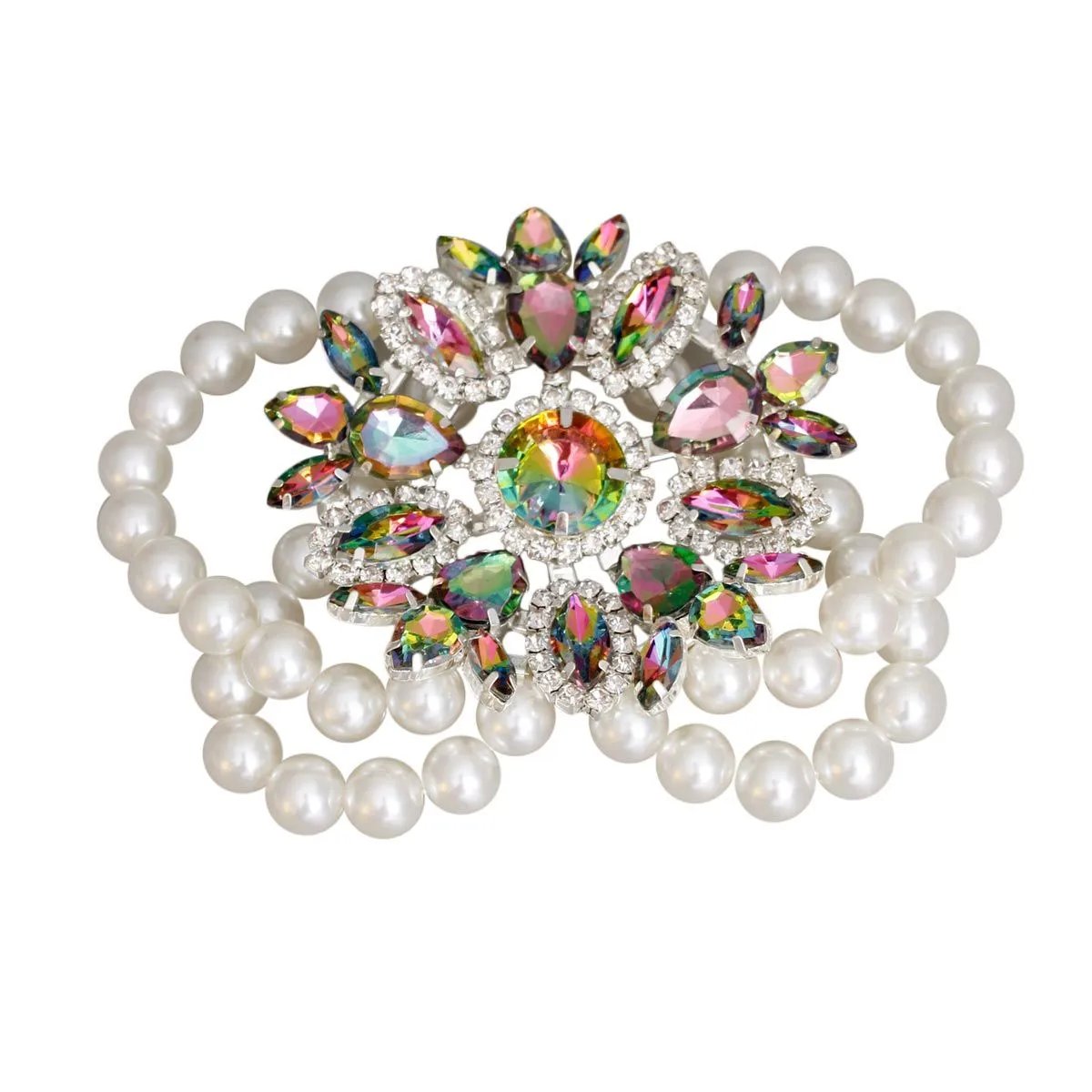 Four Strand White Faux Pearl Bracelet with Acrylic Crystal Sunburst Stretch