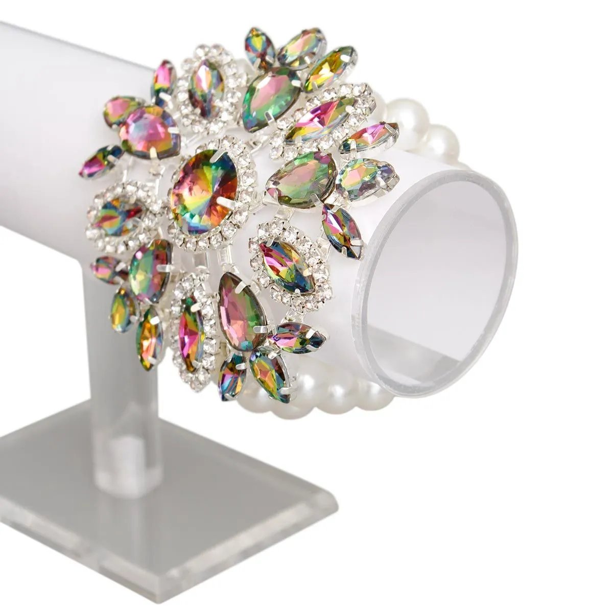 Four Strand White Faux Pearl Bracelet with Acrylic Crystal Sunburst Stretch