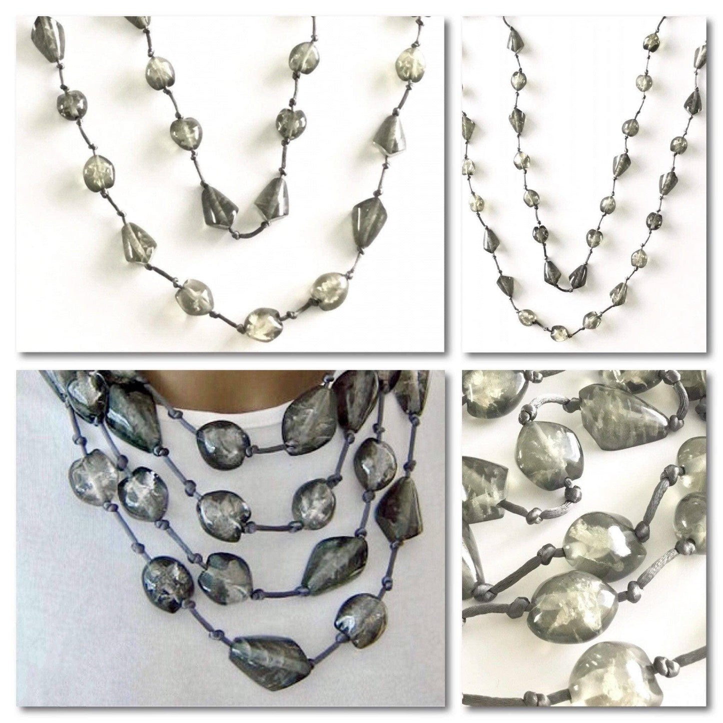 Smoke grey color resin bead long necklace