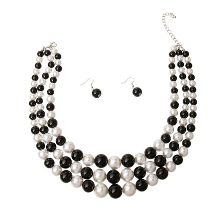 Sophisticated Simplicity: Monochrome Triple Strand Pearl Necklace Set