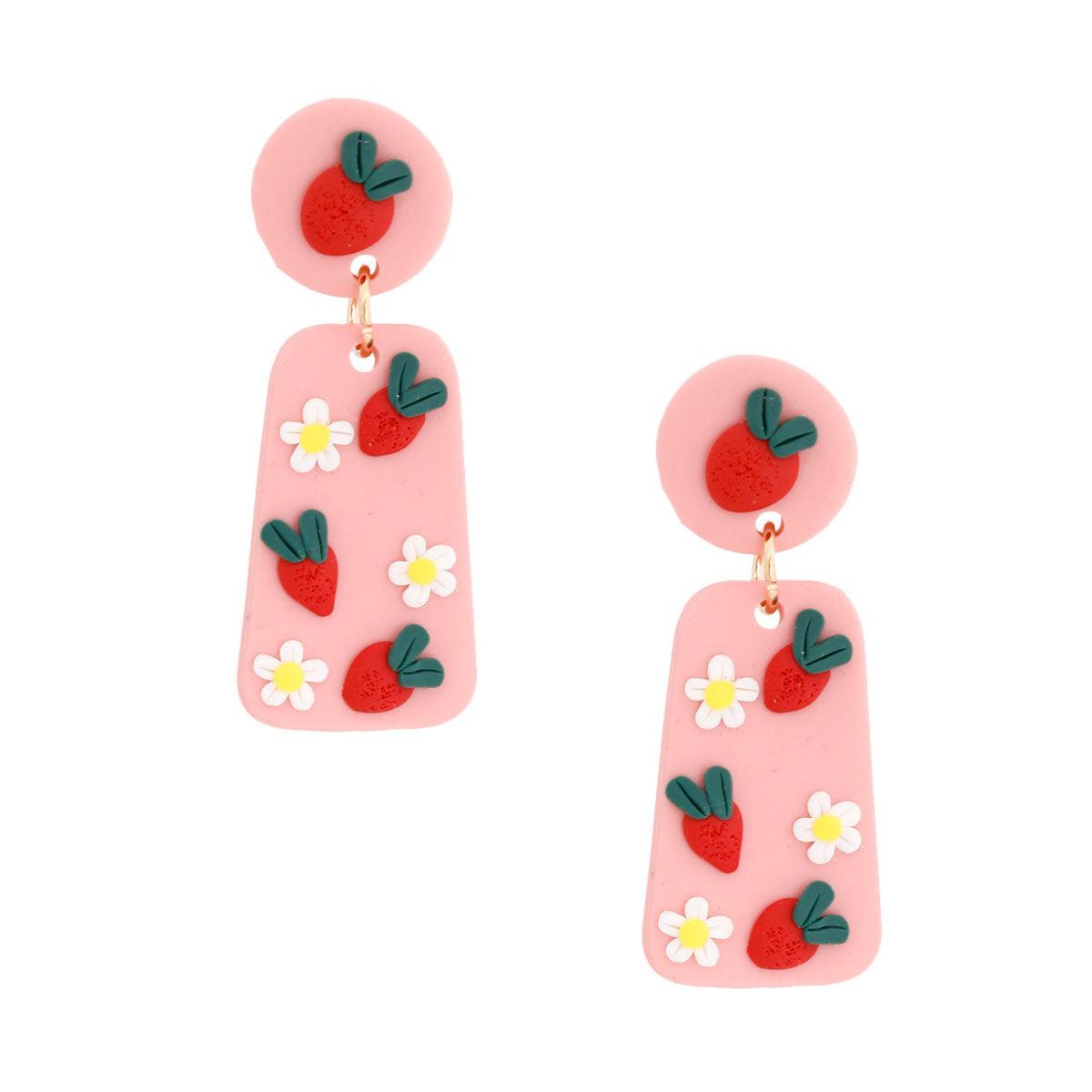 Strawberry Pink Trapezoid Dangle Earrings for Women - Fruit-Inspired Design