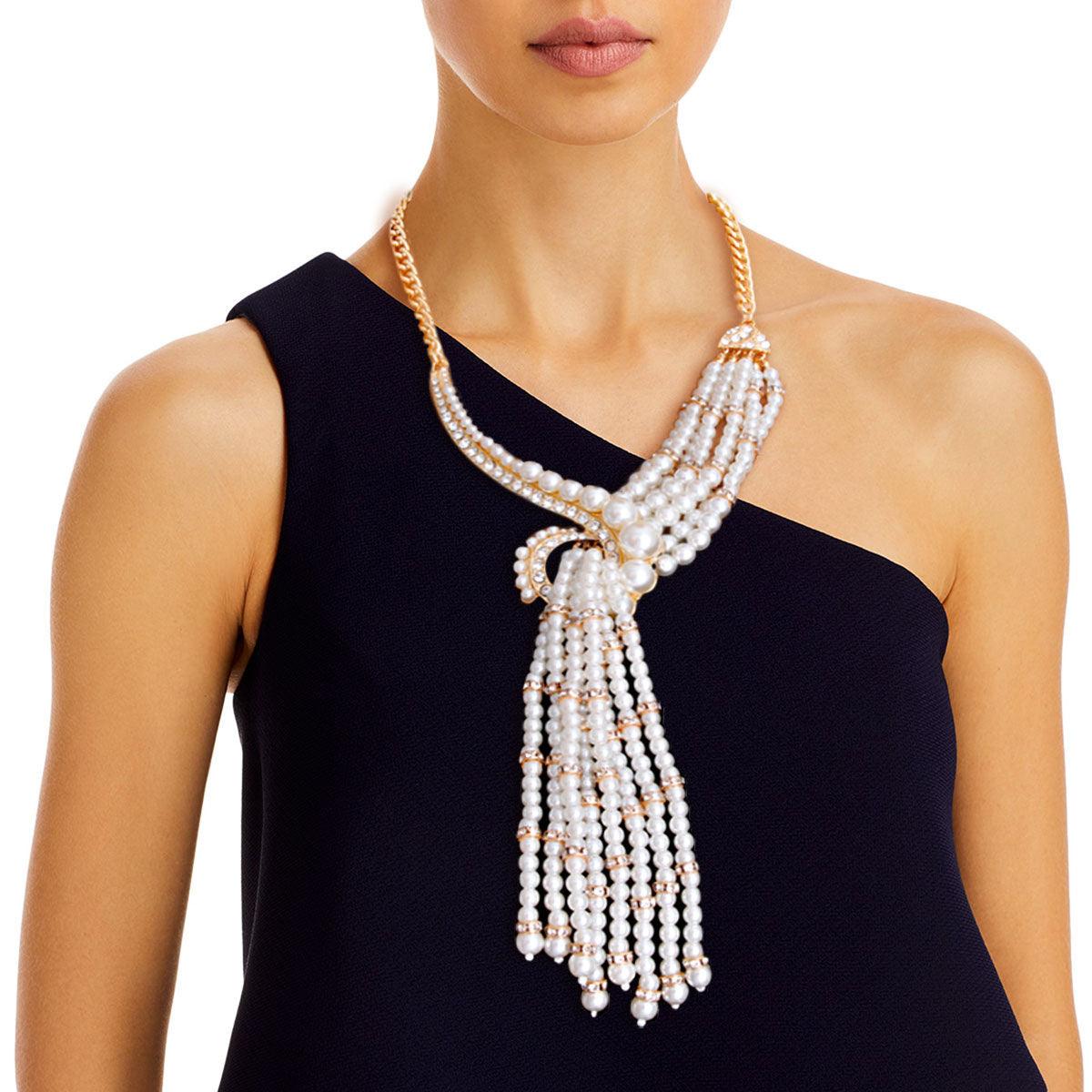 Stunning Asymmetric Pearl Knot & Rhinestone Fashion Necklace – Must-Have Set!