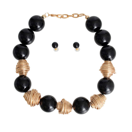 Stunning Chunky Black Bead Jewelry Set: Necklace & Earrings