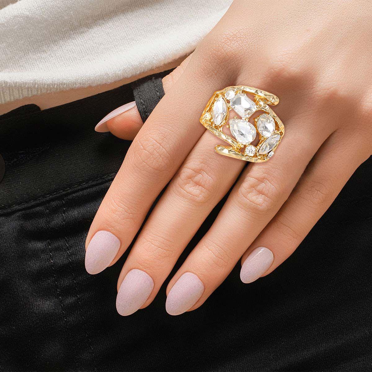 Stunning Curved Cocktail Ring - Gold Finish Clear Crystal