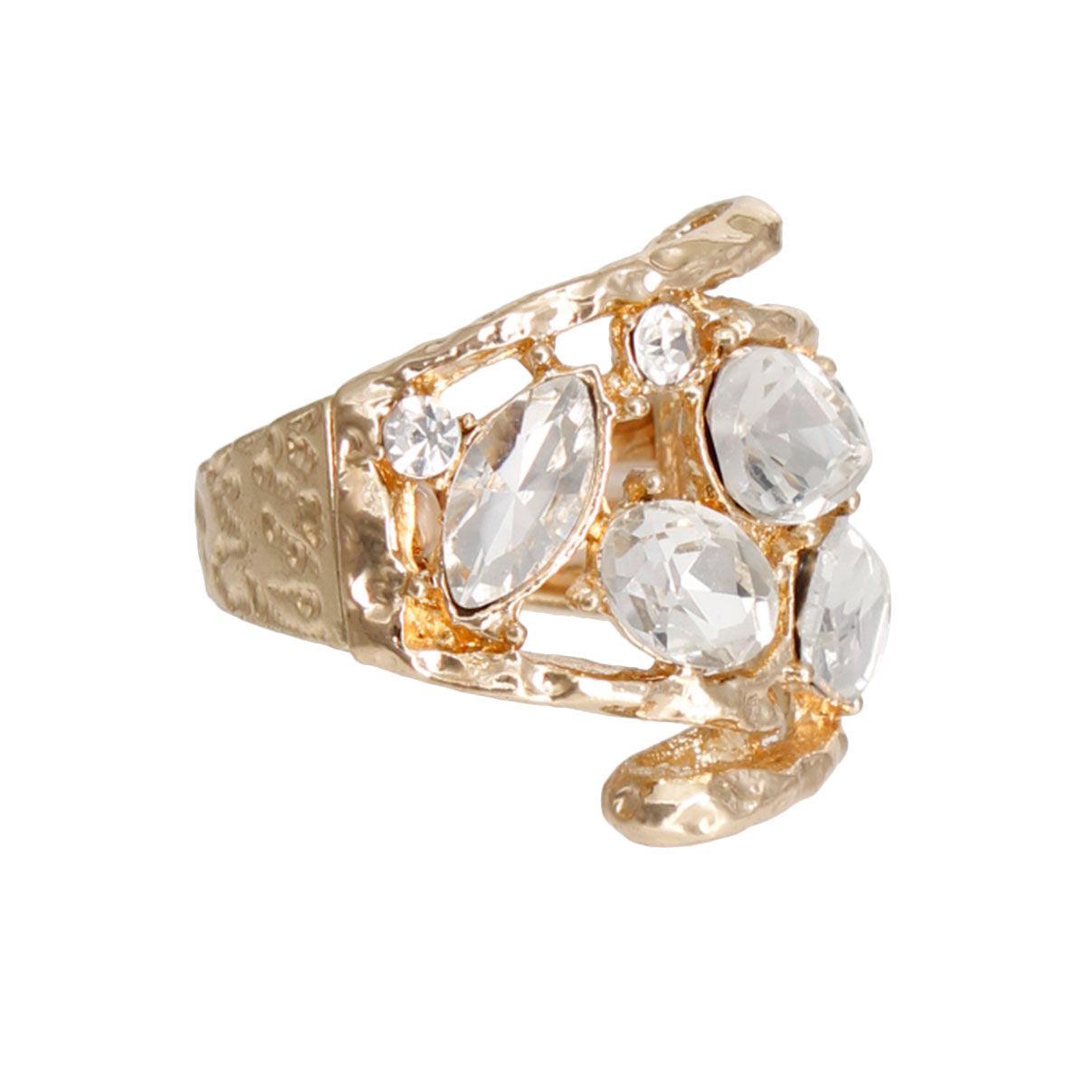 Stunning Curved Cocktail Ring - Gold Finish Clear Crystal
