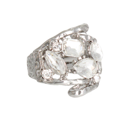 Stunning Curved Cocktail Ring - Silver Finish Clear Crystal