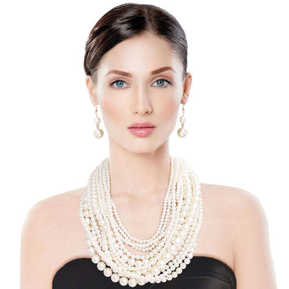 Stunning Glam Strands Cream Pearl Necklace with Earrings - Fashion Jewelry