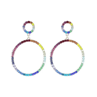 Stunning Gold & Rainbow Rhinestone Double Circle Drop Earrings – Stylish Statement Fashion Jewelry