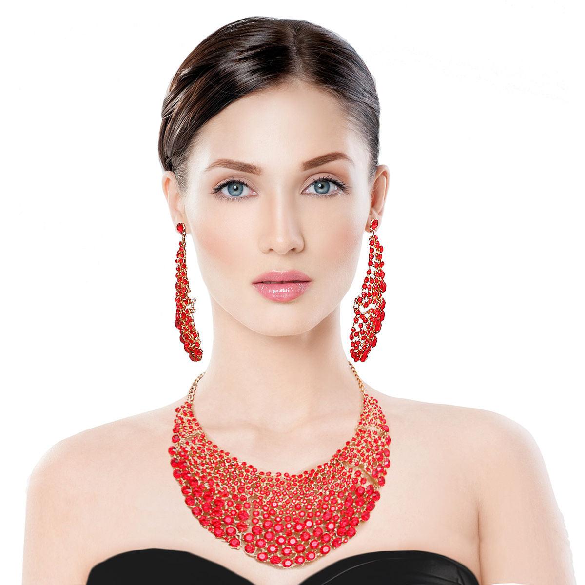 Stunning Round Cut Red Crystal Necklace Earrings Set