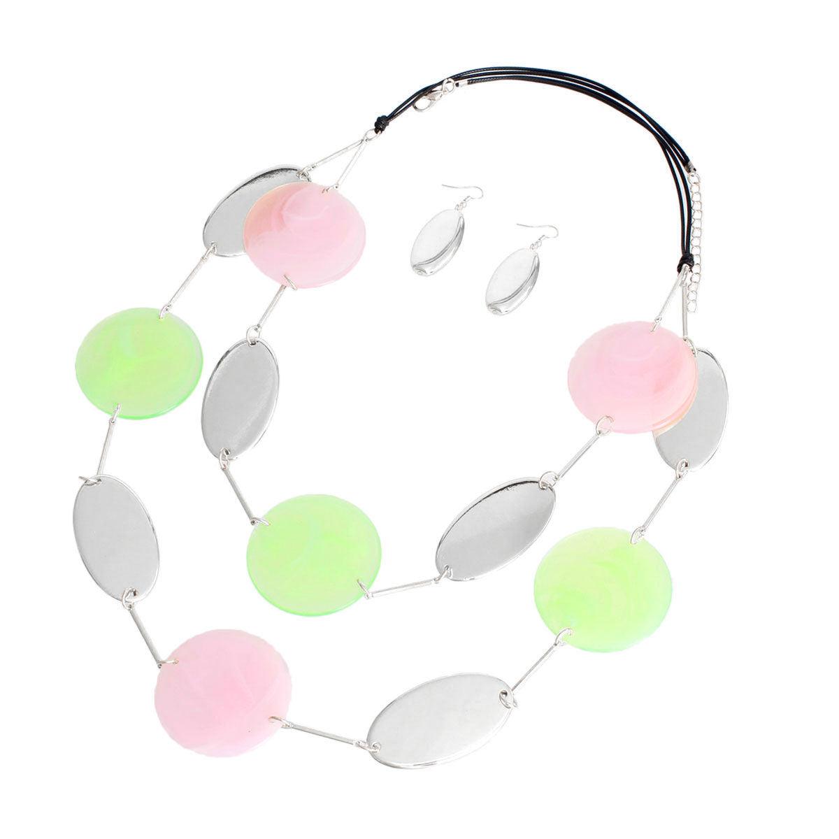 Stylish & Affordable Pink Green Silver Disc Necklace Set - Buy Today