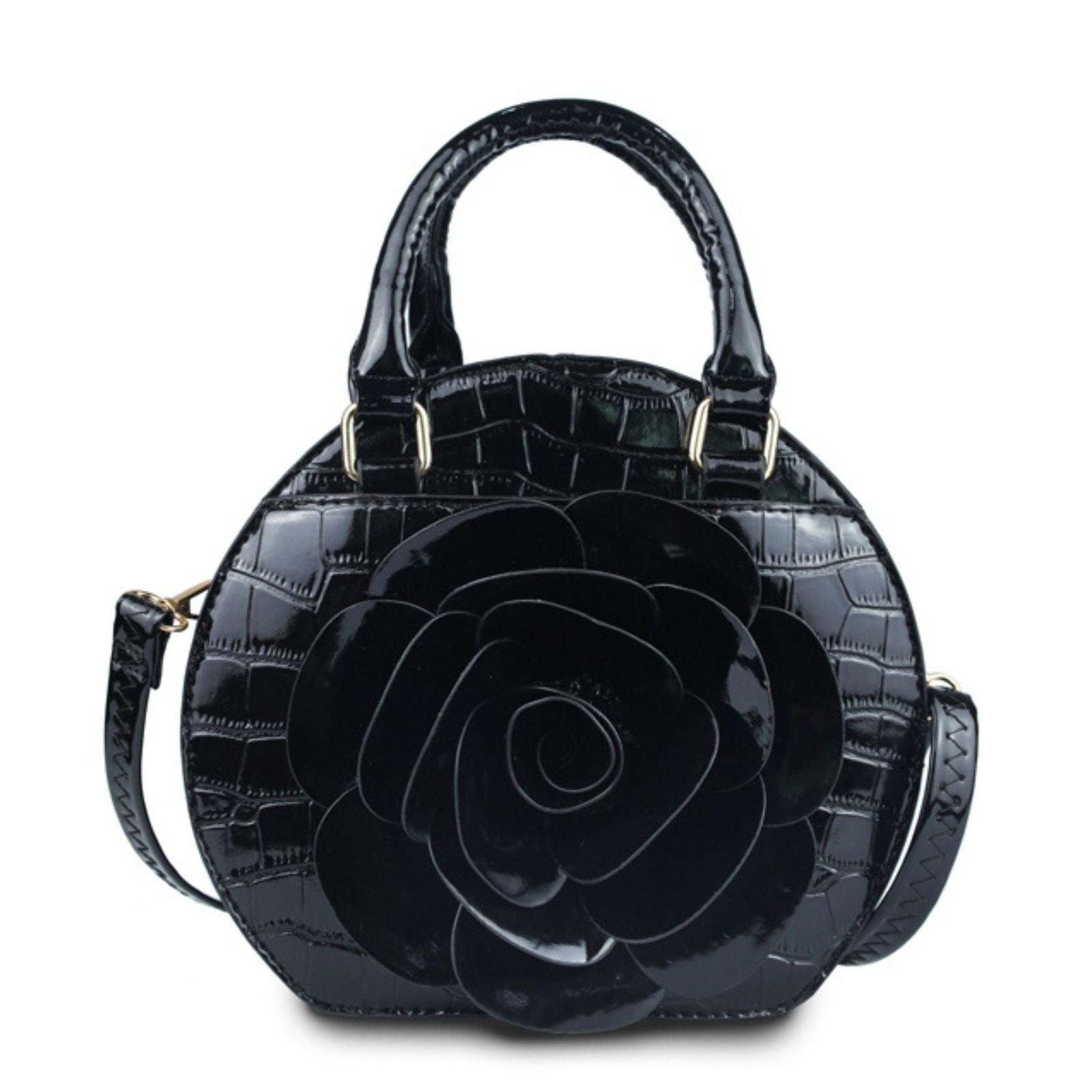 Stylish Black Dimensional Flower Handbag with Top Handles