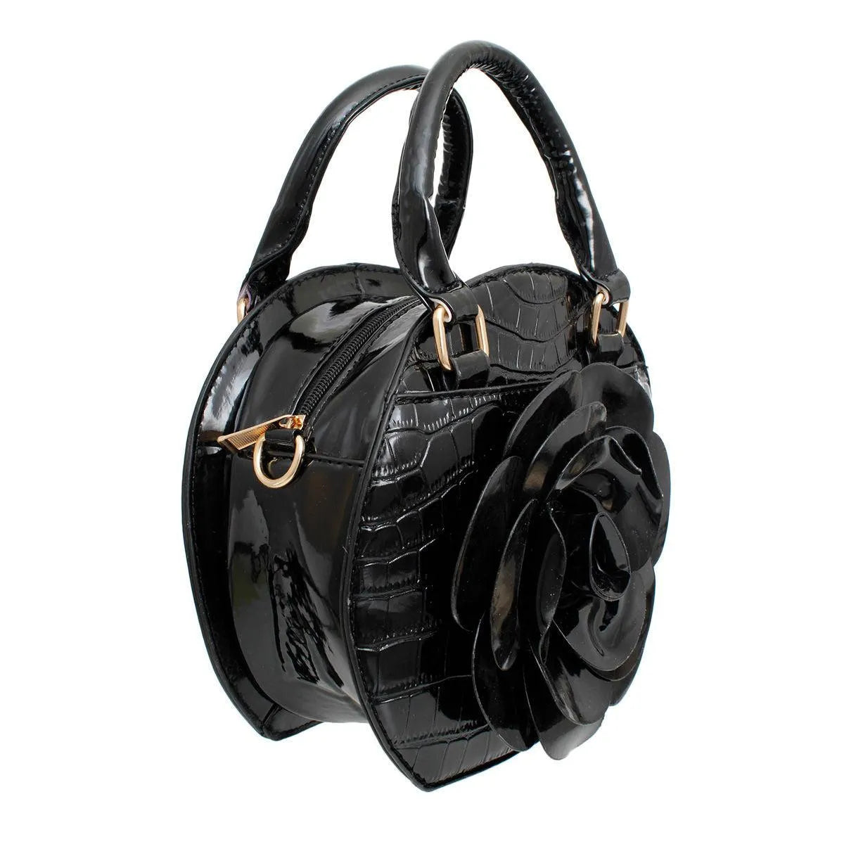 Stylish Black Dimensional Flower Handbag with Top Handles