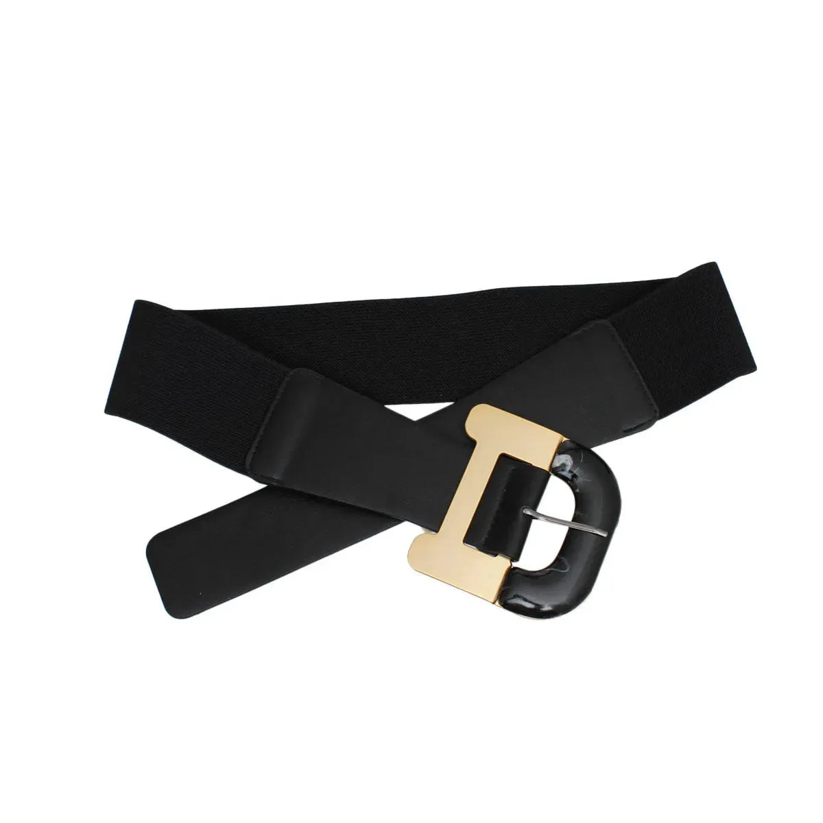 Stylish Buckle: Large Gold Metal with Marbled Acrylic Detailing Black Belt for Women