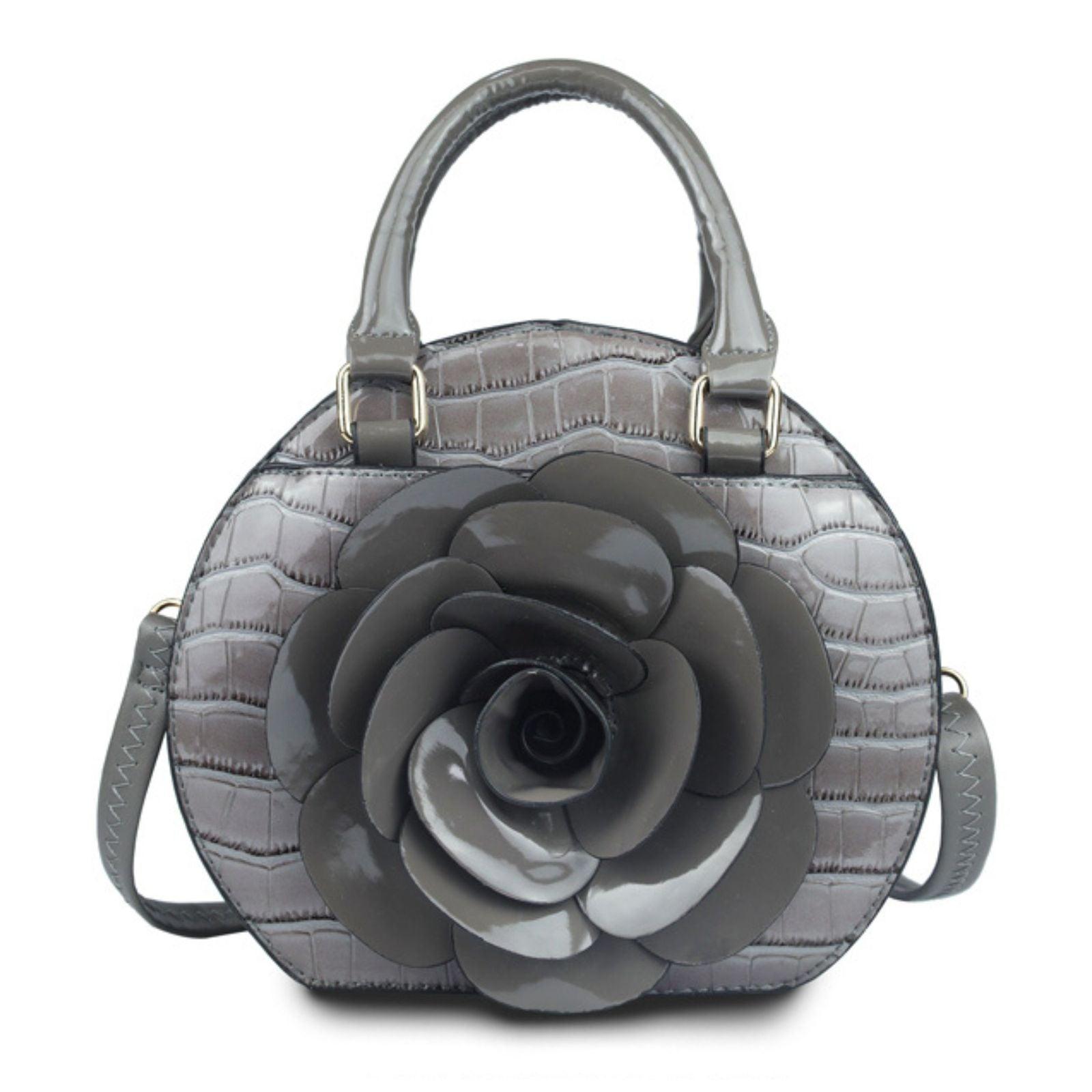 Stylish Gray Dimensional Flower Handbag with Top Handles