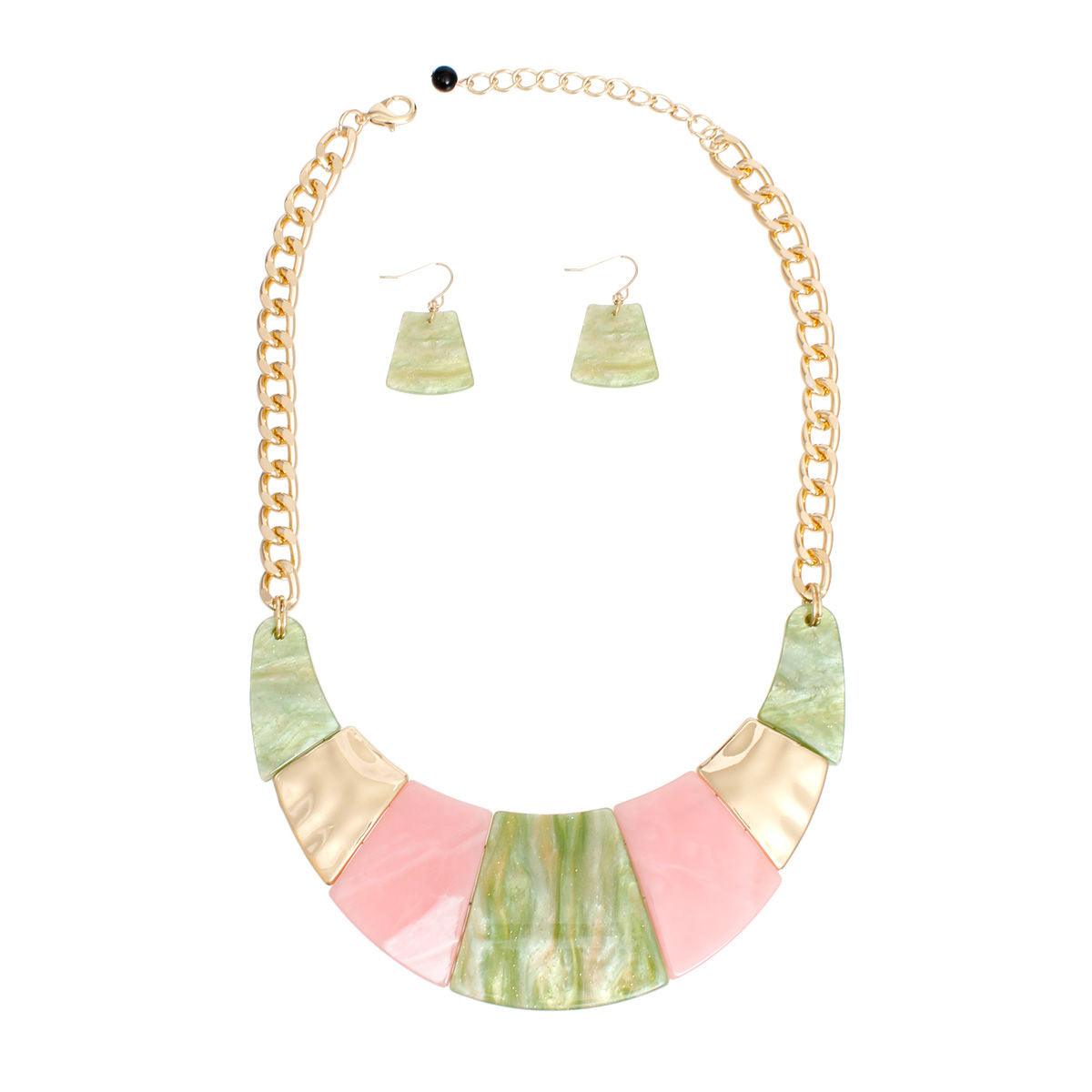 Stylish Marble Effect Pink Green Necklace Set: Gorgeous Fashion Jewelry