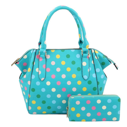 Stylish Turquoise Handbag Set: Polka Dot Print - Perfect Accessory