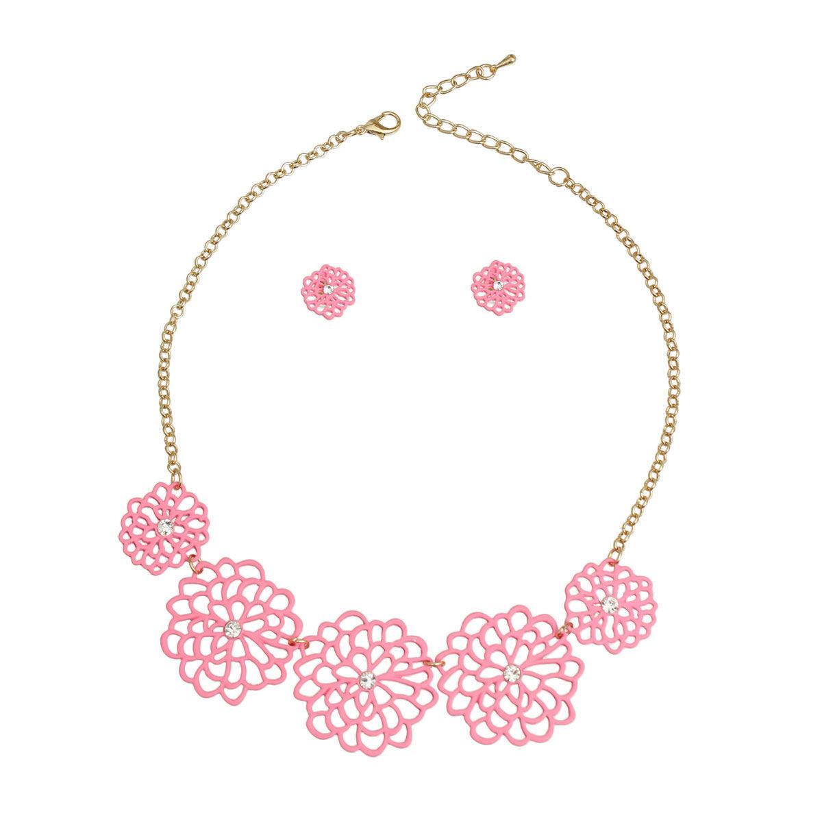 Summer Pink Flower Station Necklace Set - Shop Now!
