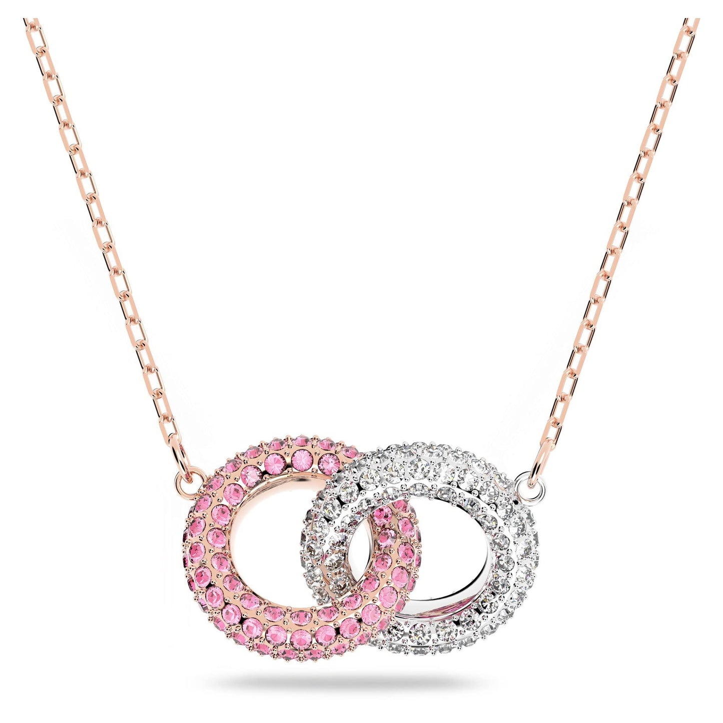 Swarovski Stone Pendant Necklace with Interlocking Circle Design, Pink and White Crystals on Rose Gold-Tone Finish Chain, Part of the Swarovski Stone Collection