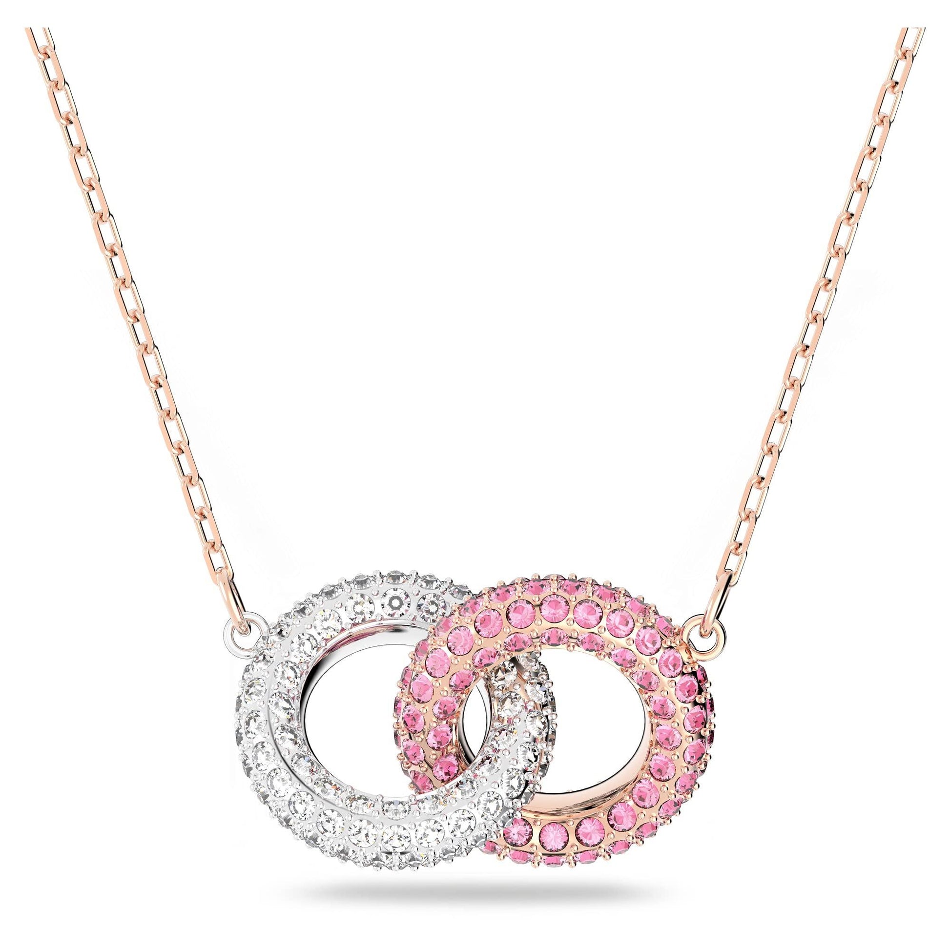 Swarovski Stone Pendant Necklace with Interlocking Circle Design, Pink and White Crystals on Rose Gold-Tone Finish Chain, Part of the Swarovski Stone Collection