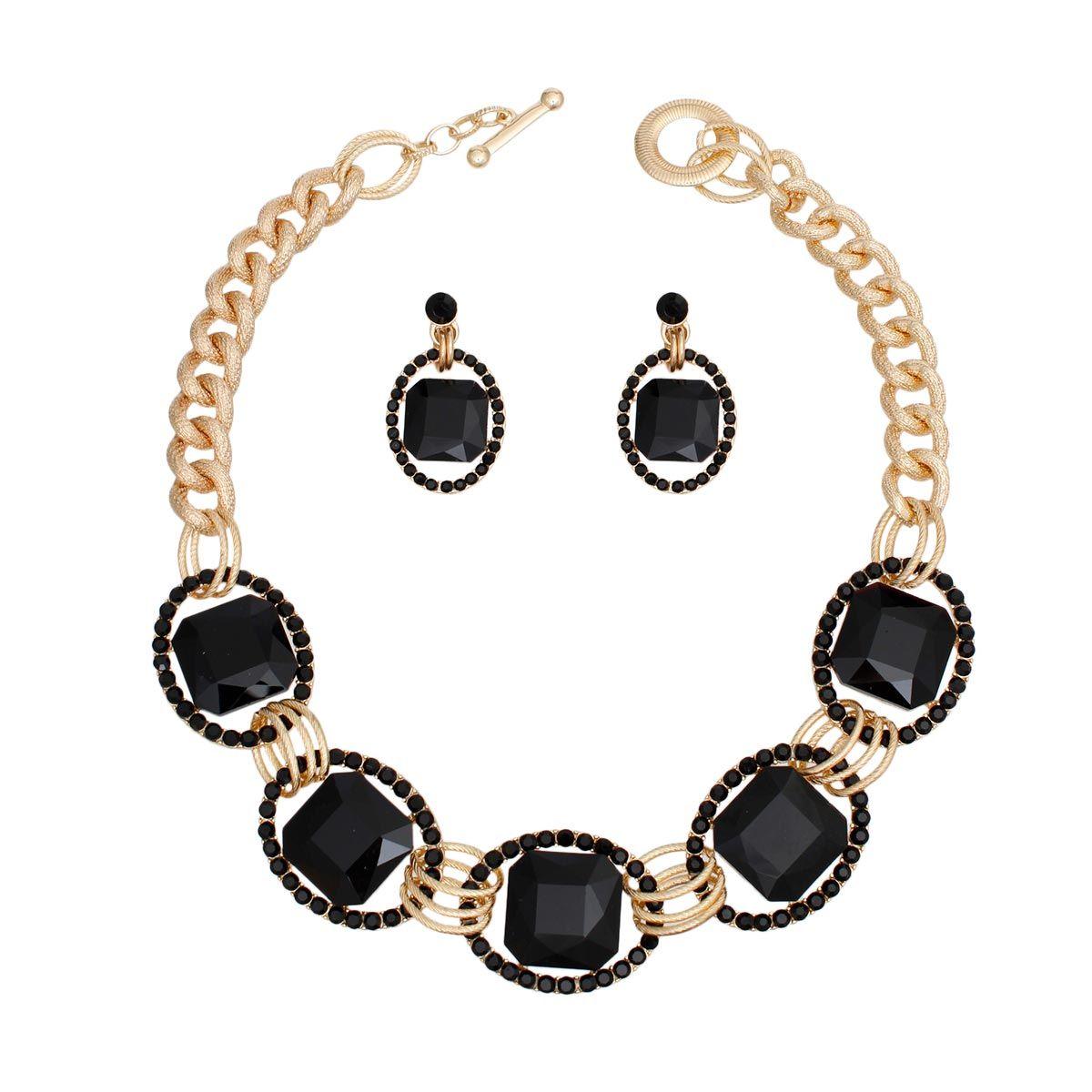 Textured Toggle Chain in Gold with Black Accents Necklace Set