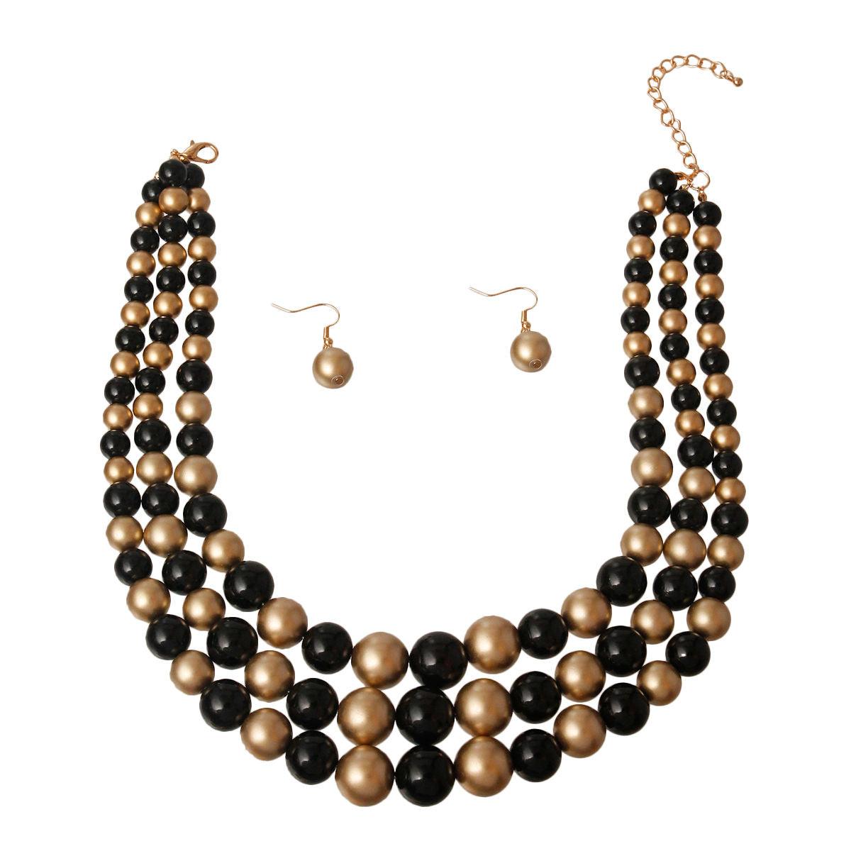 Three Strand Black/Gold Imitation Pearl Necklace Set