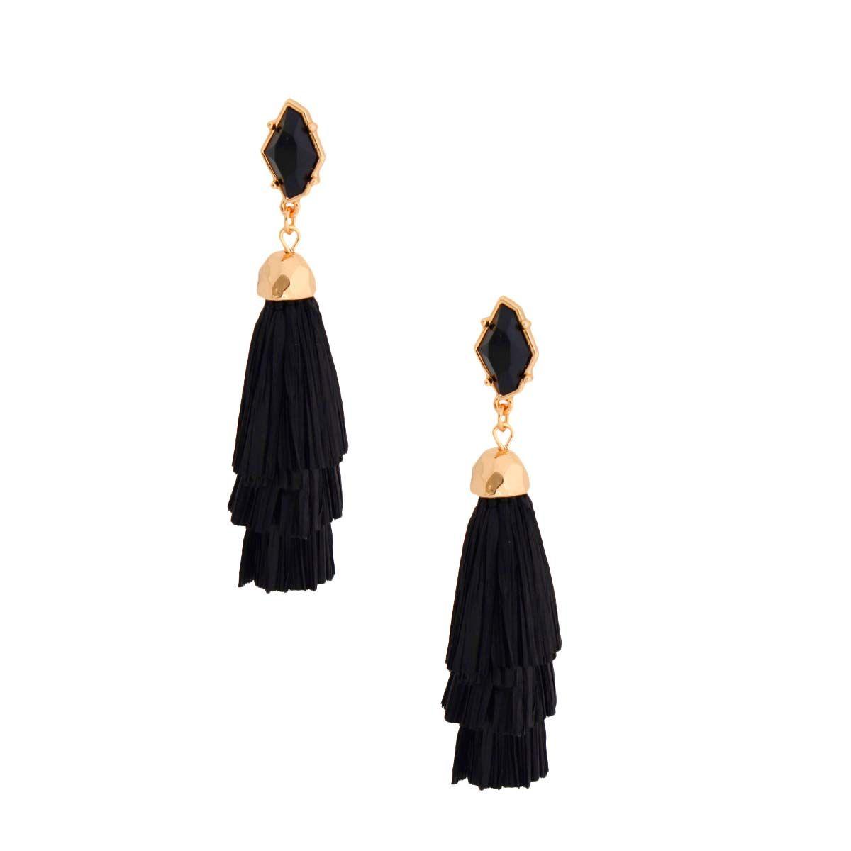 Tiered Raffia Tassel Earrings in Black