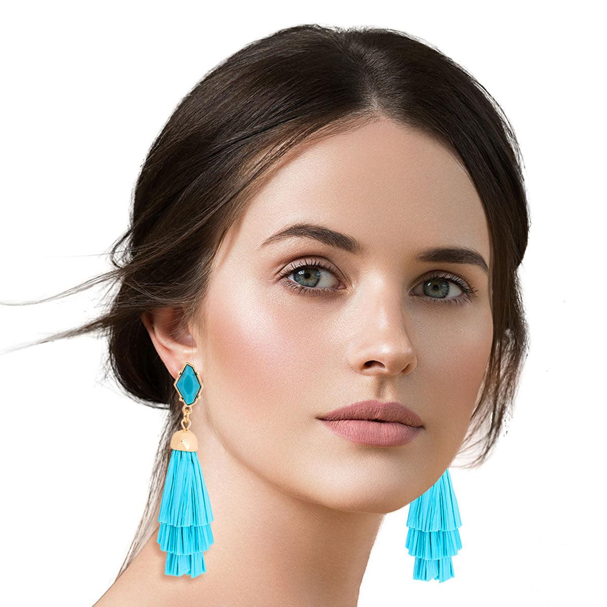 Tiered Raffia Tassel Earrings in Blue