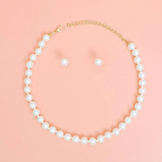 Timeless Elegance: Women's Pearl Necklace Set with 10mm Glass Pearls & Matching Stud Earrings