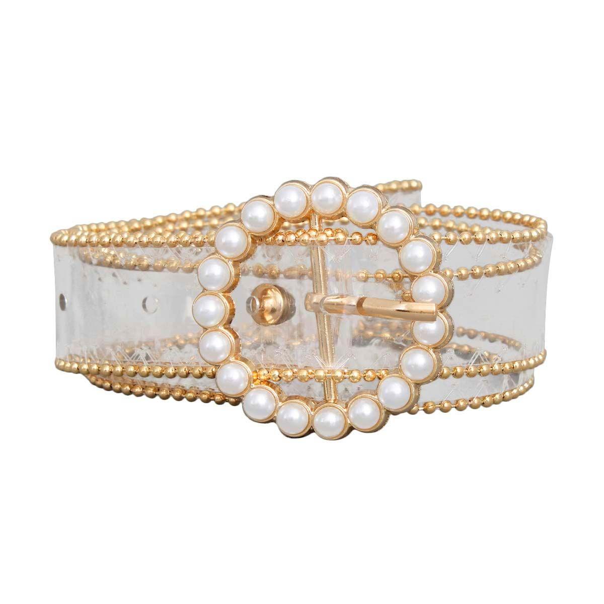 Transparent Belt Gold Tone and Pearlized Bead Embellished