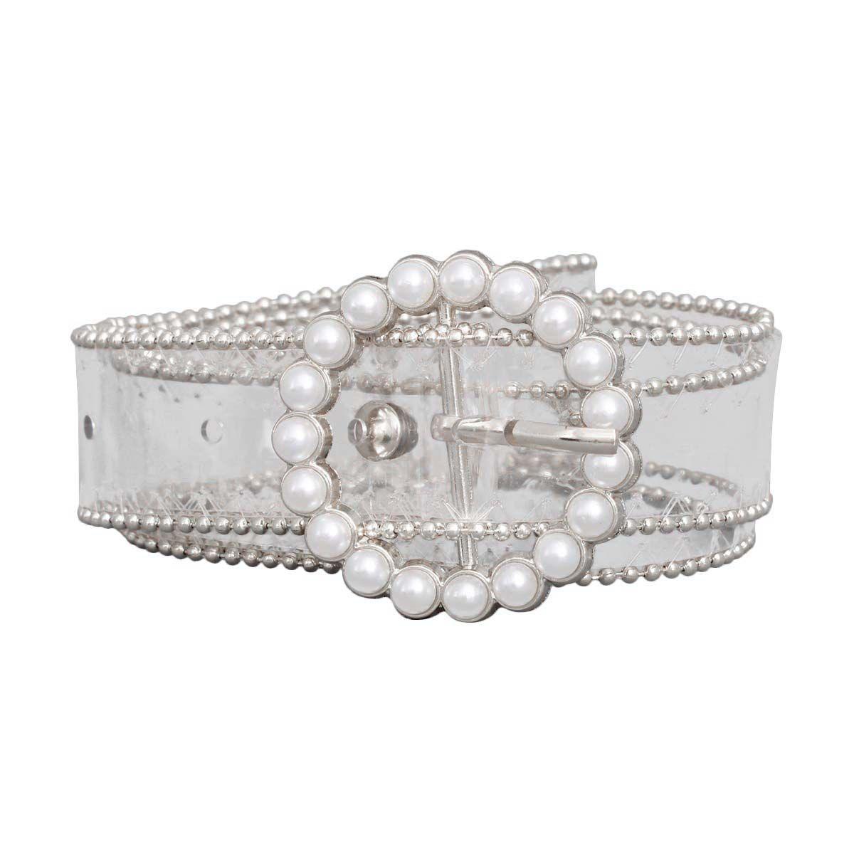 Transparent Belt Silver Tone and Pearlized Bead Embellished