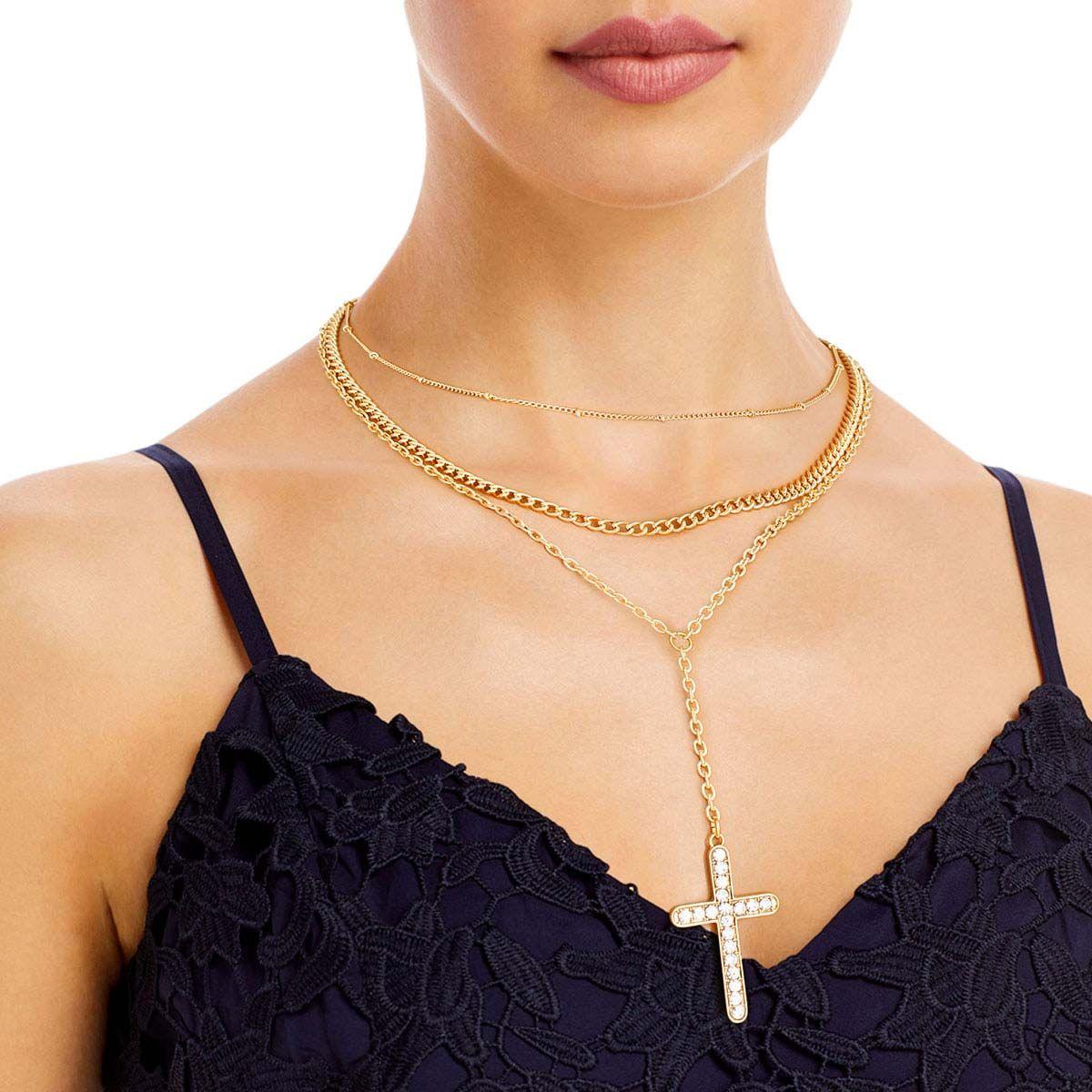 Triple Chain Cross Necklace Set Gold Plated