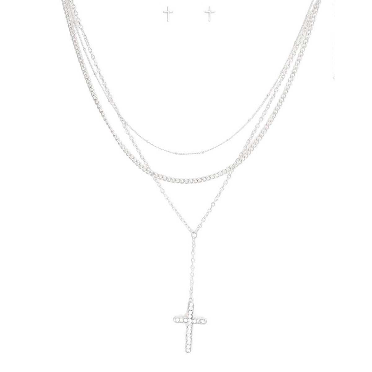 Triple Chain Cross Necklace Set Silver Plated