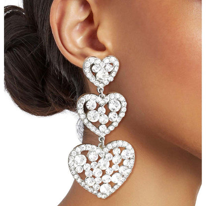 Triple Heart Drop Earrings Silver Plated