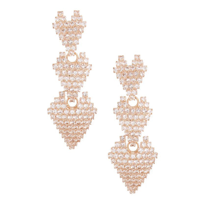 Triple Heart Statement Drop Earrings Gold Plated