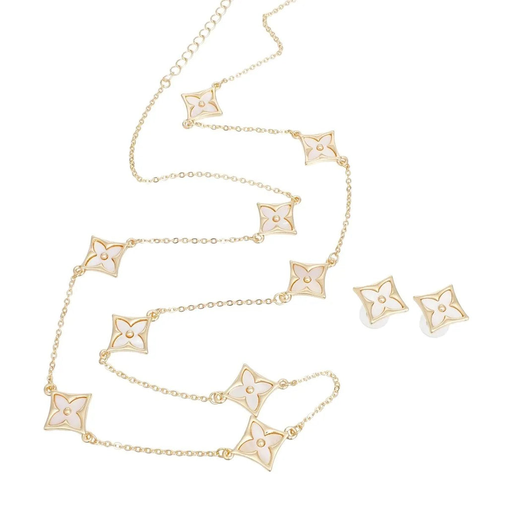 Dainty Gold Tone Necklace Set with Cream Acrylic Floral Inlays