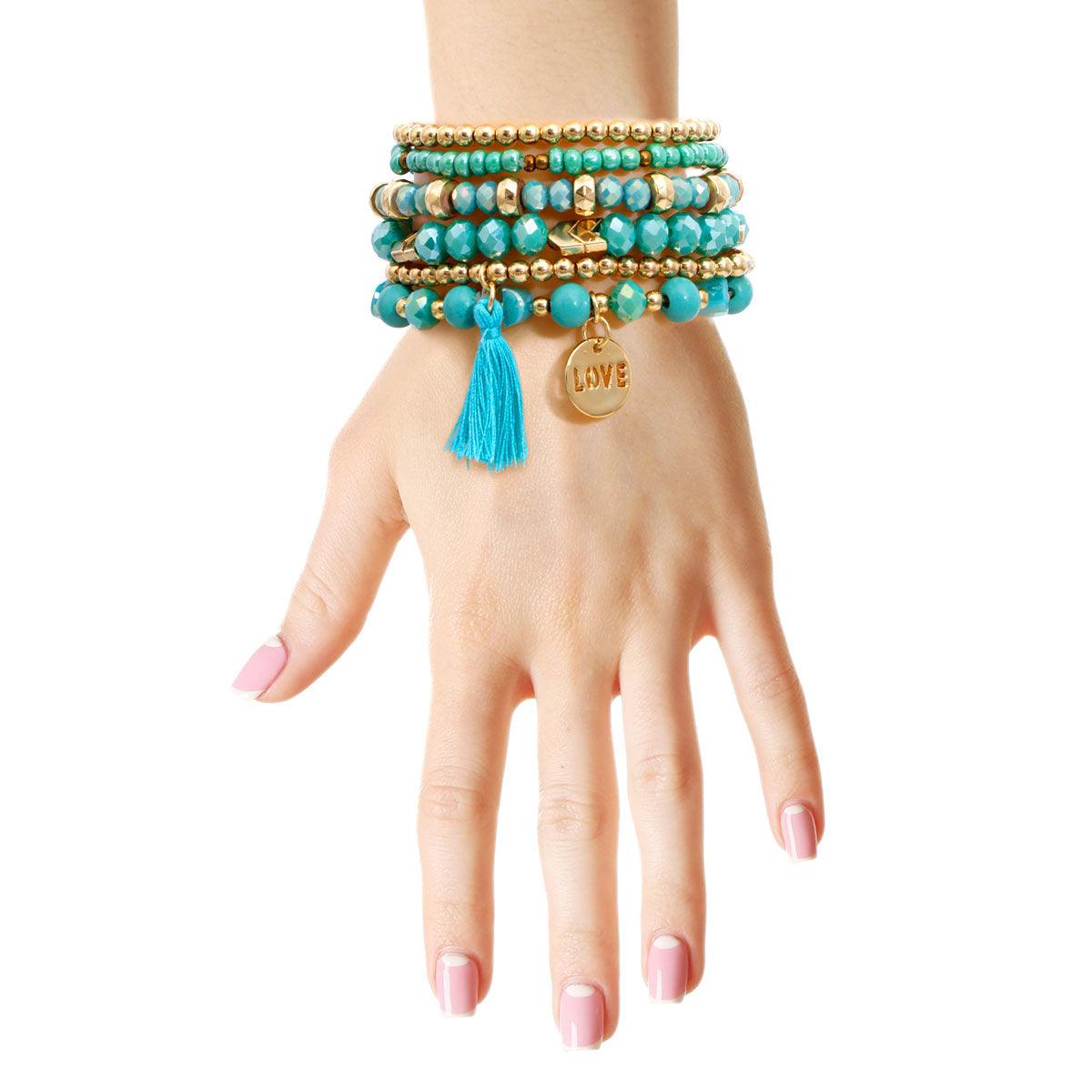 Turquoise-blue Stretch Bracelet Set Tassel Love Charm
