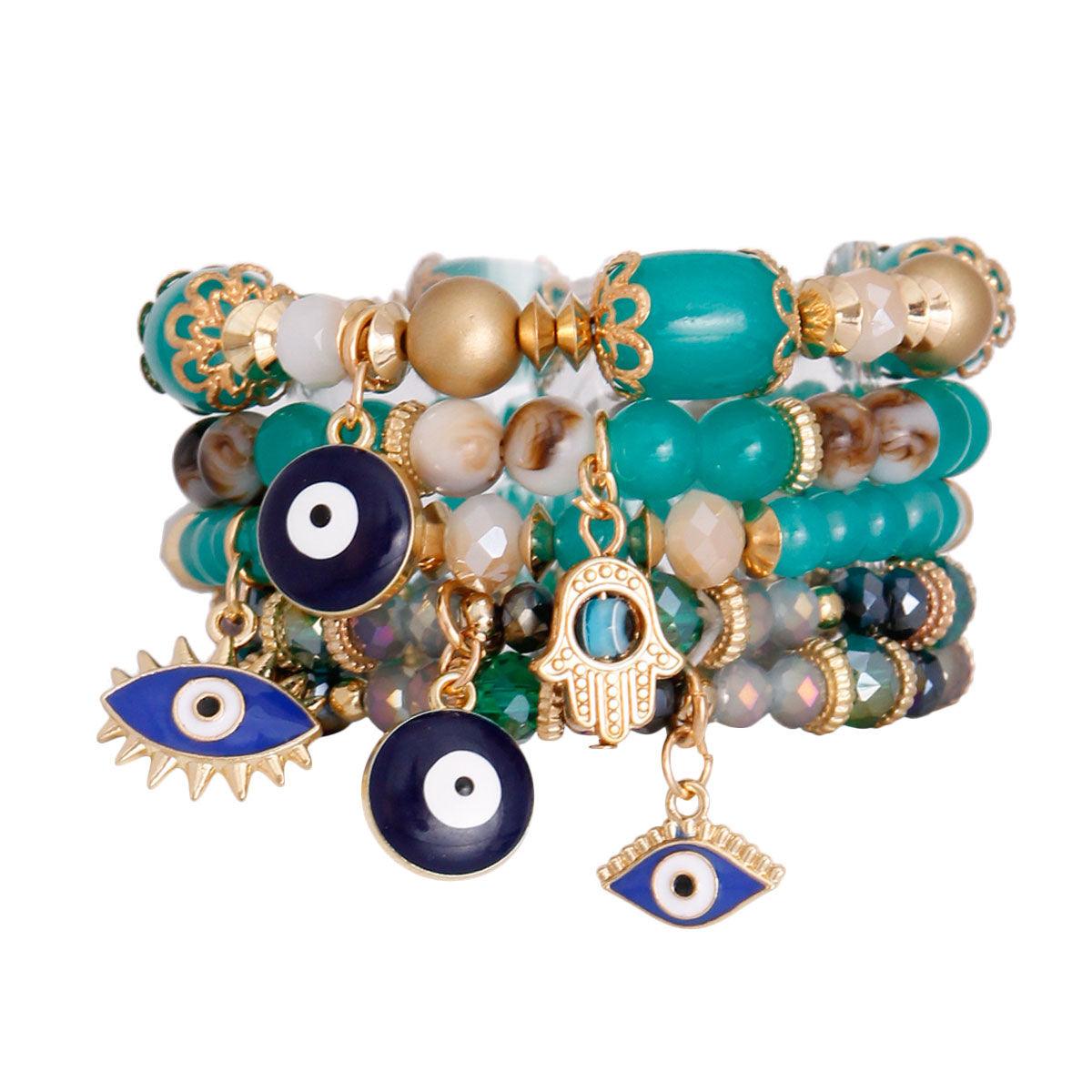 Turquoise Glass Stack Bracelets Hamsa Hand Evil Eye Charm