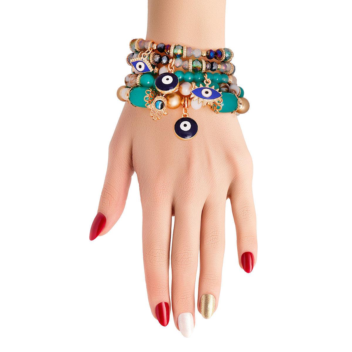 Turquoise Glass Stack Bracelets Hamsa Hand Evil Eye Charm